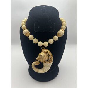 Signed Vintage Vendome Lion Head Cornucopia Necklace Gold Filigree Couture